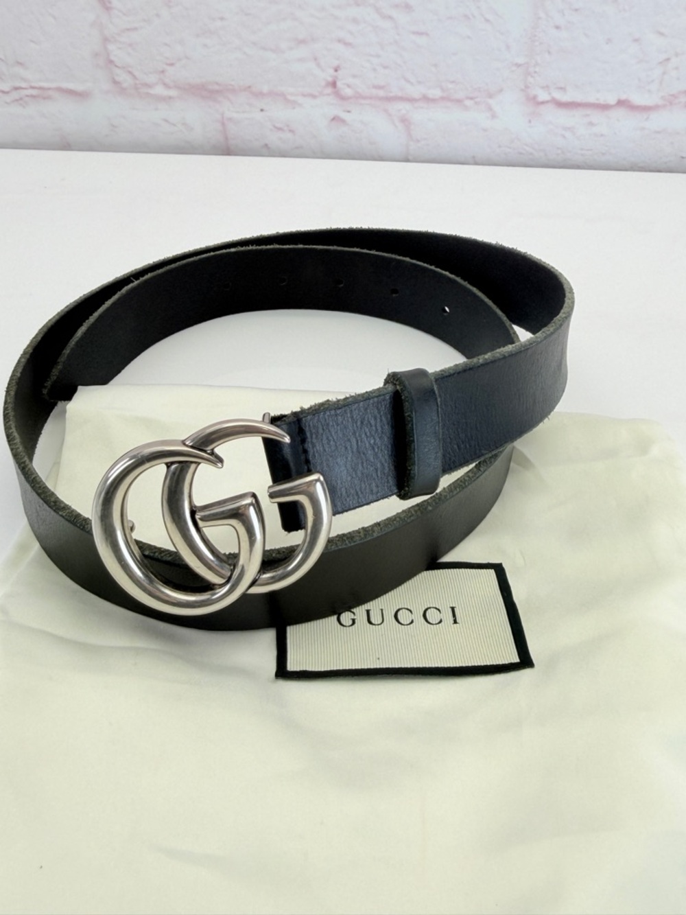 Authentic Gucci Black Raw Edge Leather Marmont Belt Silver Buckle 414516 85/34 - Picture 12 of 12
